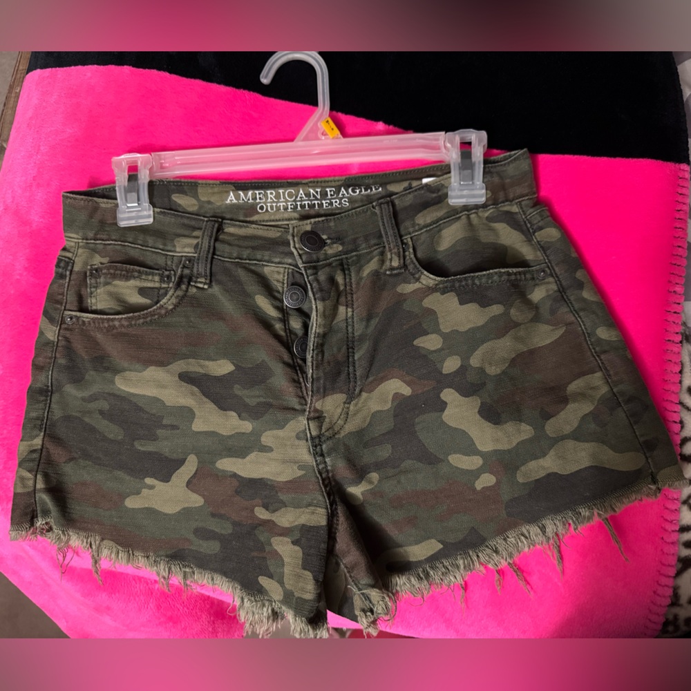 American Eagle Outfitters Olive Camo Frayed-Hem Jean Shorts